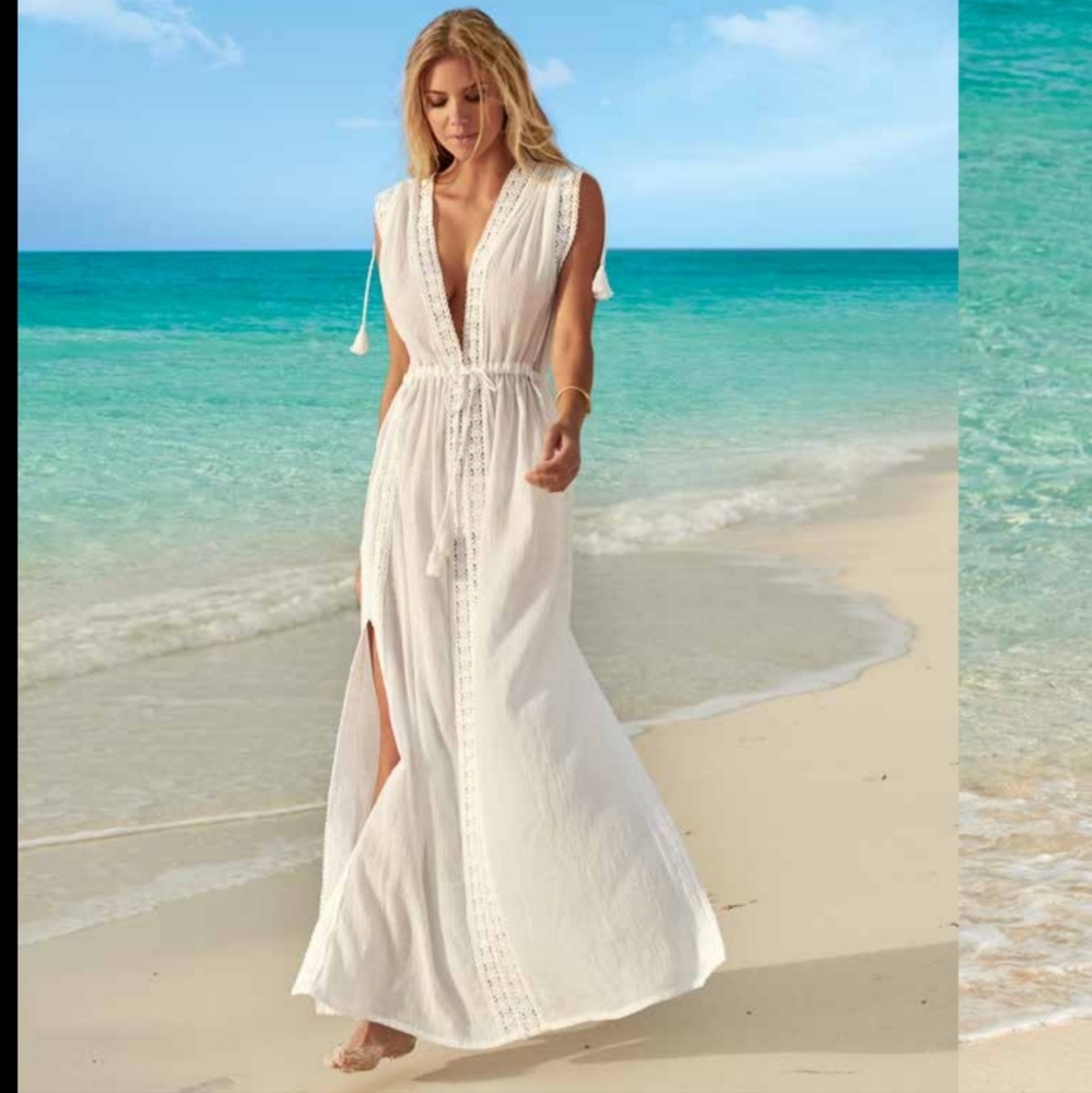 Melissa Odabash "Elenora" white embroidered long dress beach coverup Medium